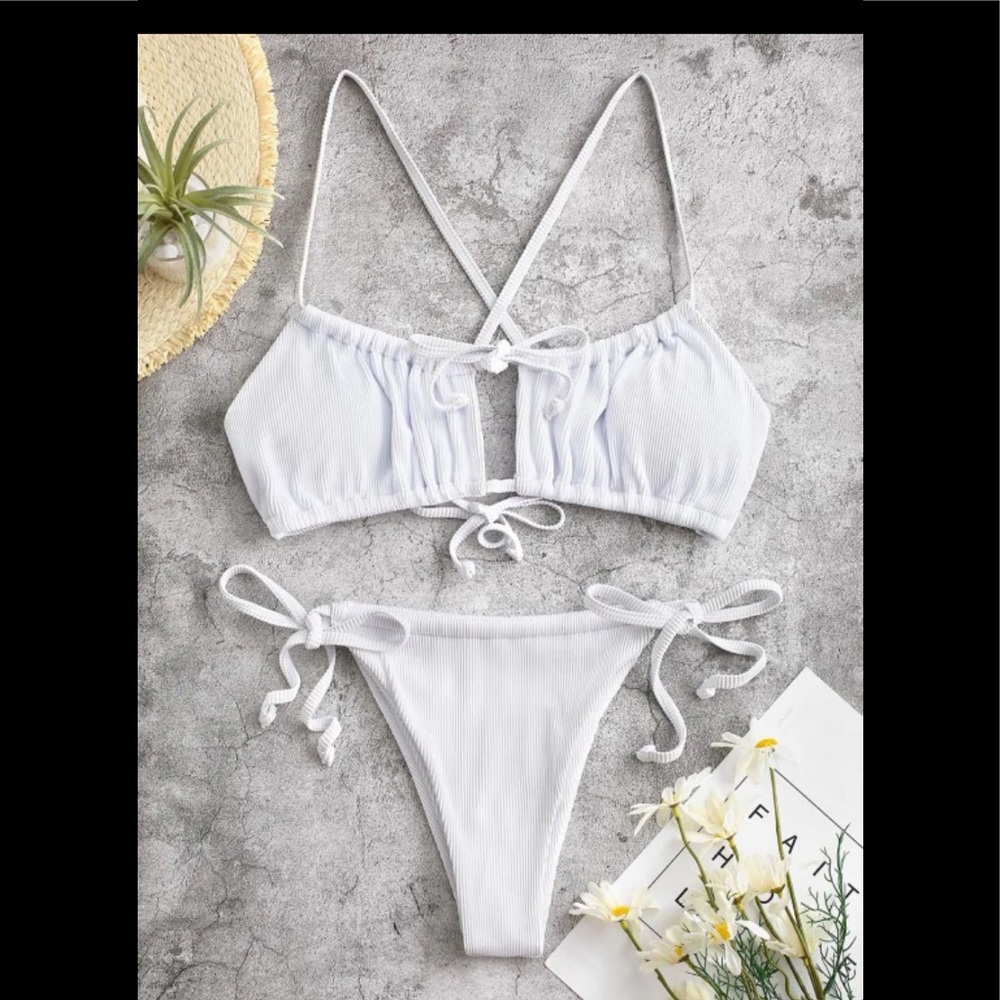 Textured ribbed crisscross tie tanga bikini.